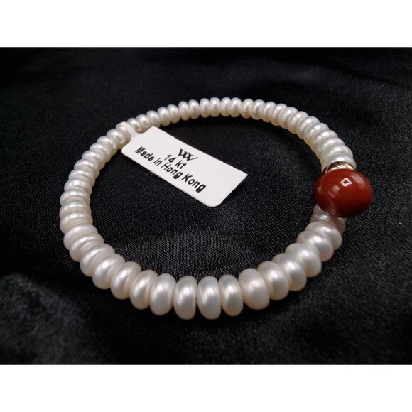 14K Freshwater Pearl & Carnelian Bracelet - Picture 4 of 5